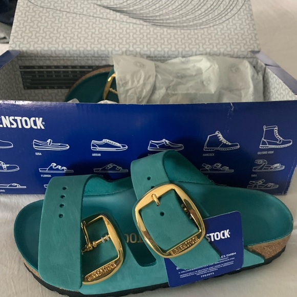 Birkenstock Shoes - Birkenstock Biscay Bay Sandals with Gold Buckles